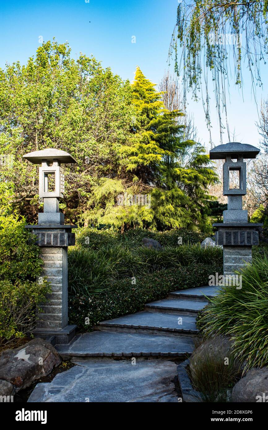 Winding garden stone pathway with Chinese pillars, weeping willow tree, shrubs against blue sky Stock Photo