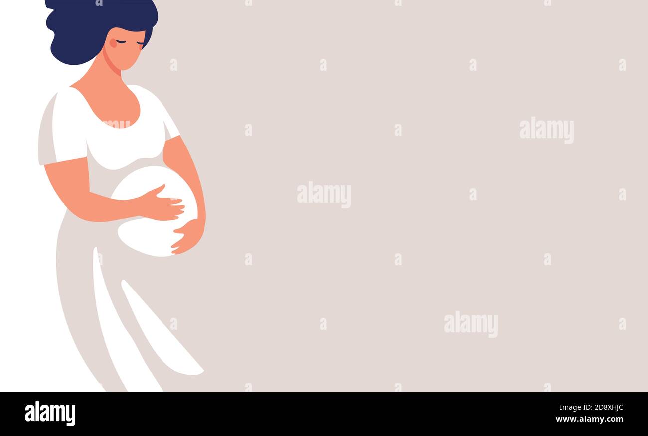 Modern banner about pregnancy and motherhood. Poster with a beautiful young pregnant woman with place for text. Minimalistic design, flat cartoon vector illustration Stock Vector