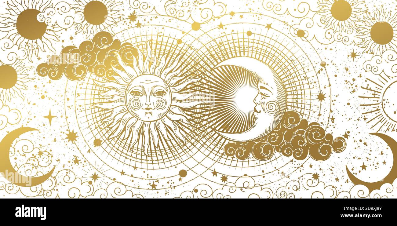 Magic banner for astrology, tarot, boho design. The universe, golden crescent, sun, and clouds on a white background. Esoteric vector illustration, pattern Stock Vector