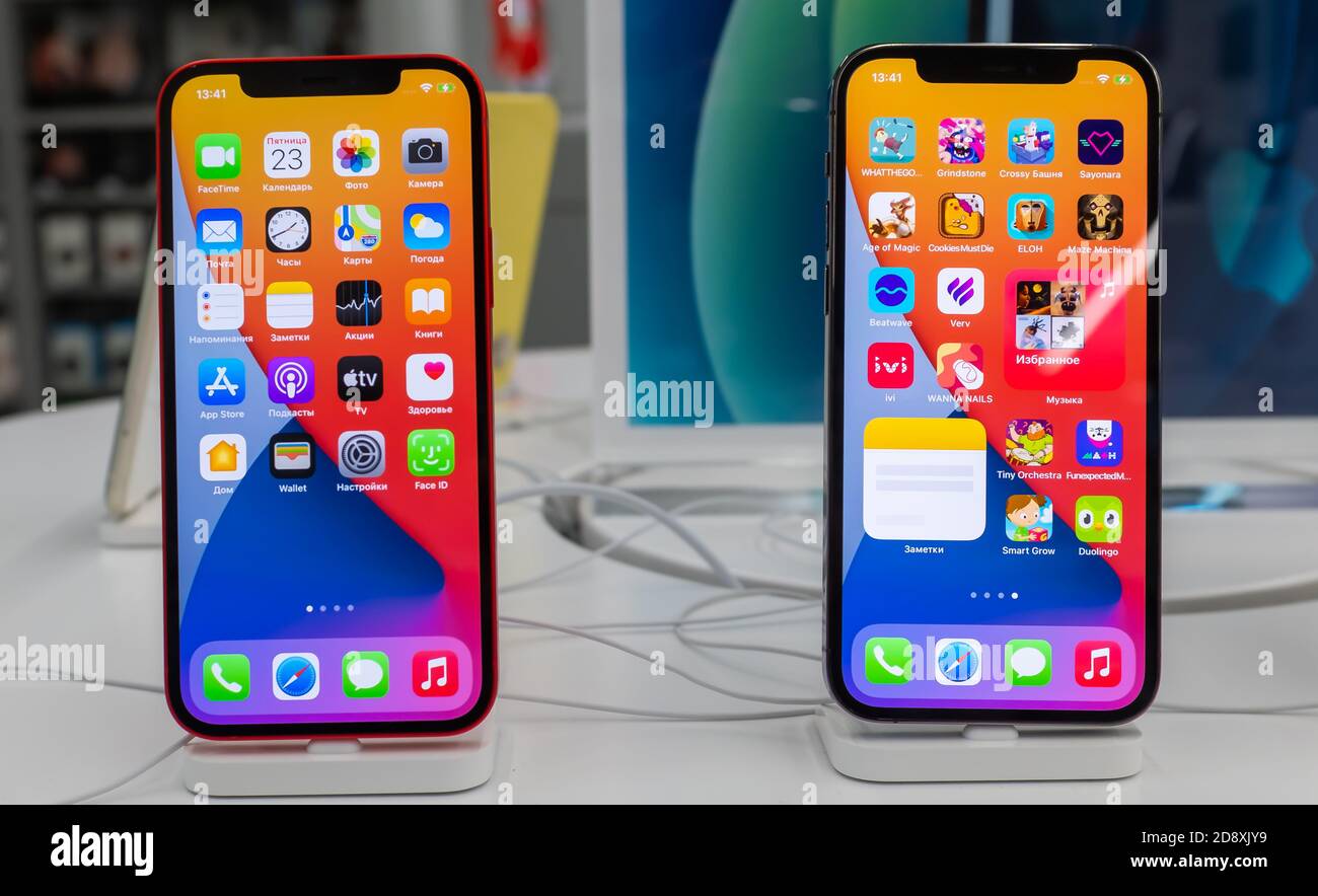 October 23, 2020, Moscow, Russia. New smartphones from the Apple Iphone 12 and Iphone 12 pro on the store counter. Stock Photo