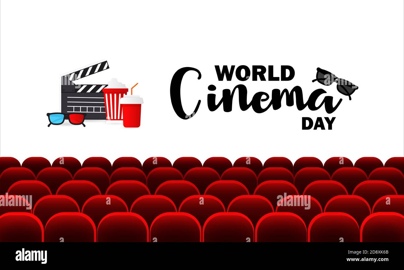 World cinema day banner. Cinema auditorium with seats. Vector EPS 10
