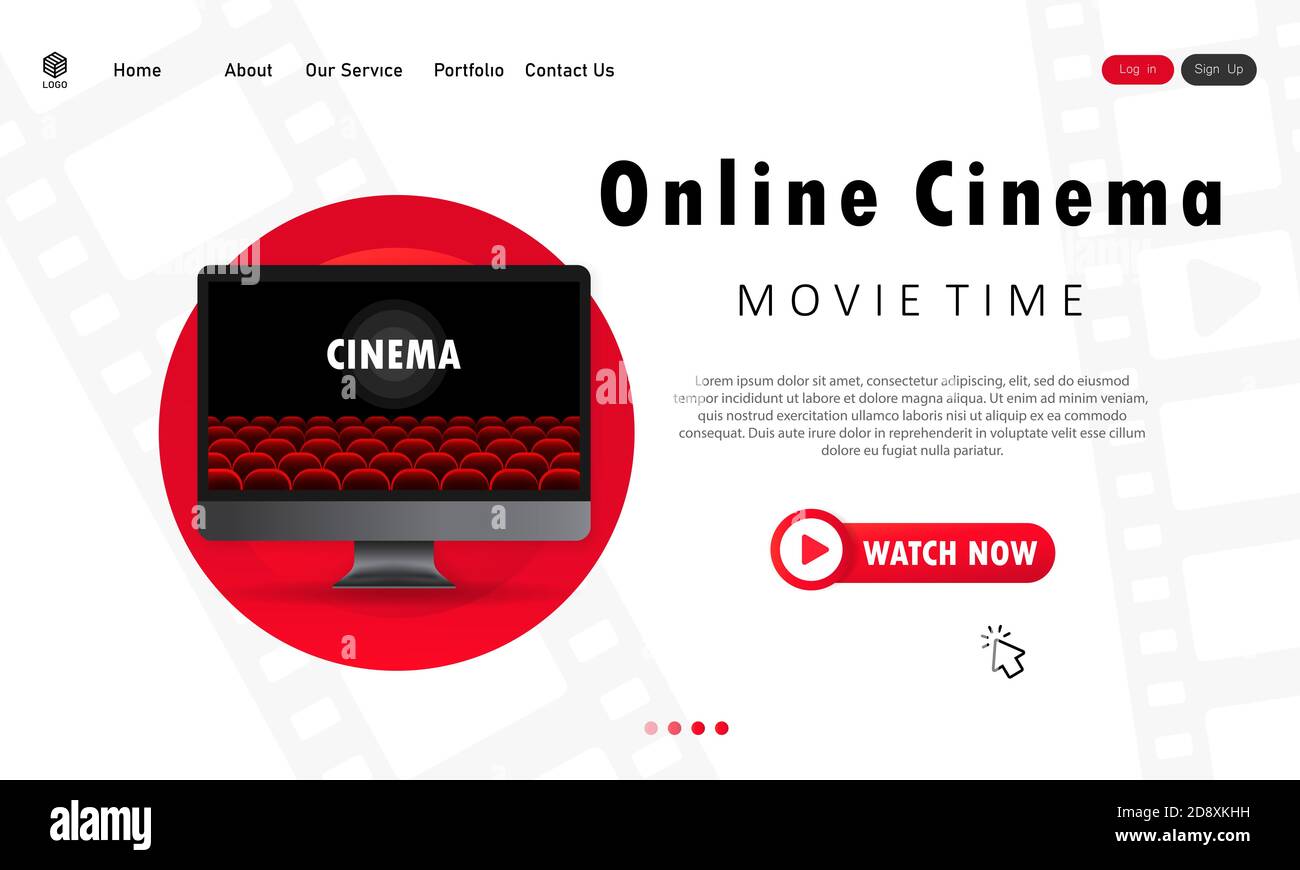 Online cinema illustration. Movie time. Computer monitor with cinema auditorium. Vector EPS 10