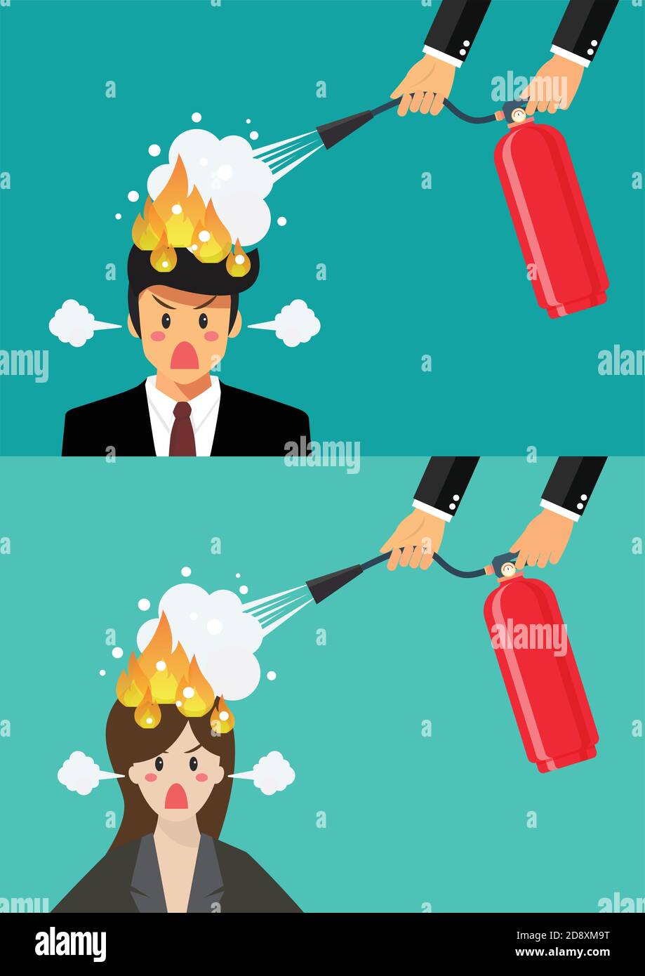 Angry businessman and woman with head on fire gets help from man with extinguisher. Vector illustration Stock Vector