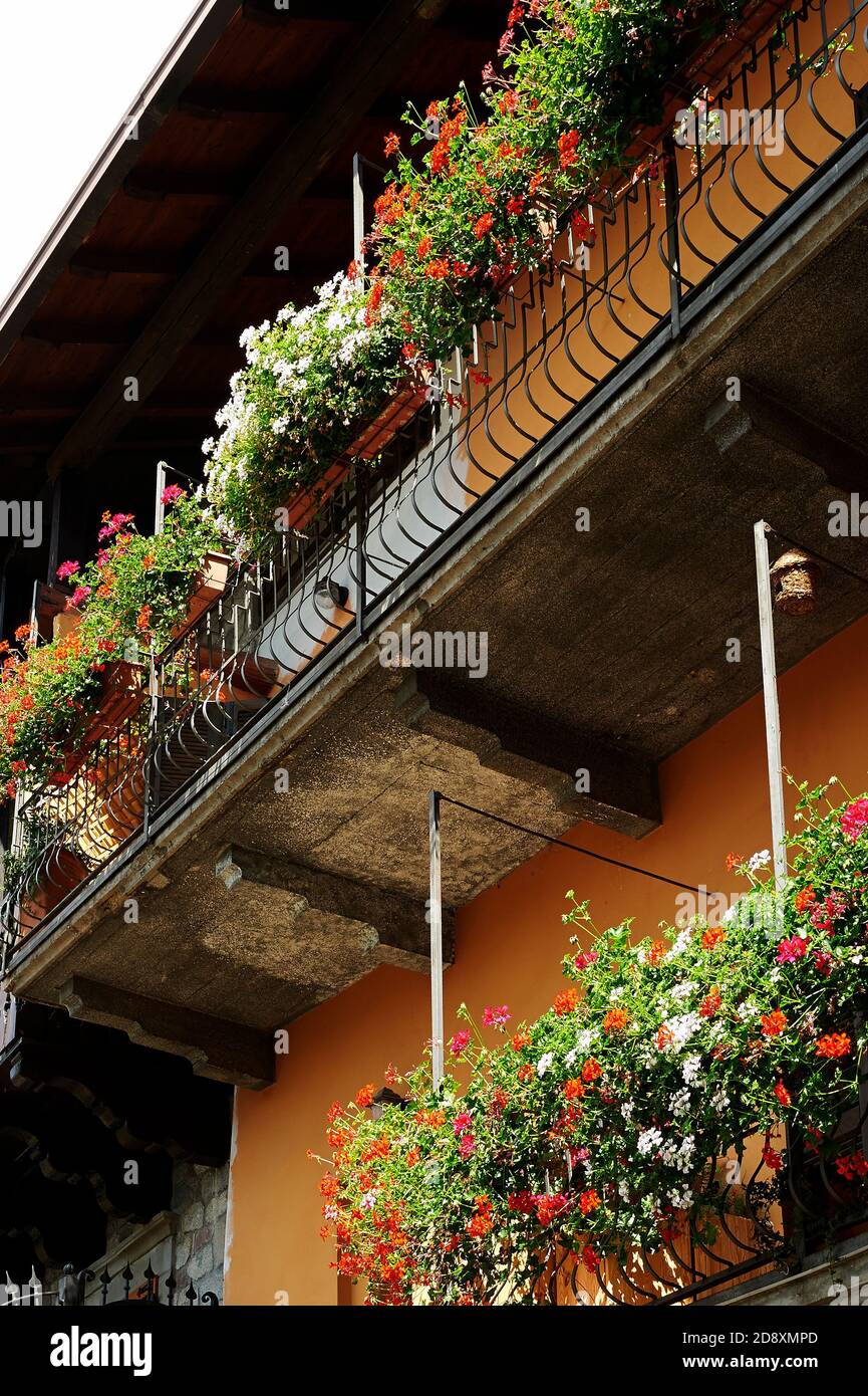 Bienno (Bs), Valcamonica, Italy , a detail of the balcony of a typical ...