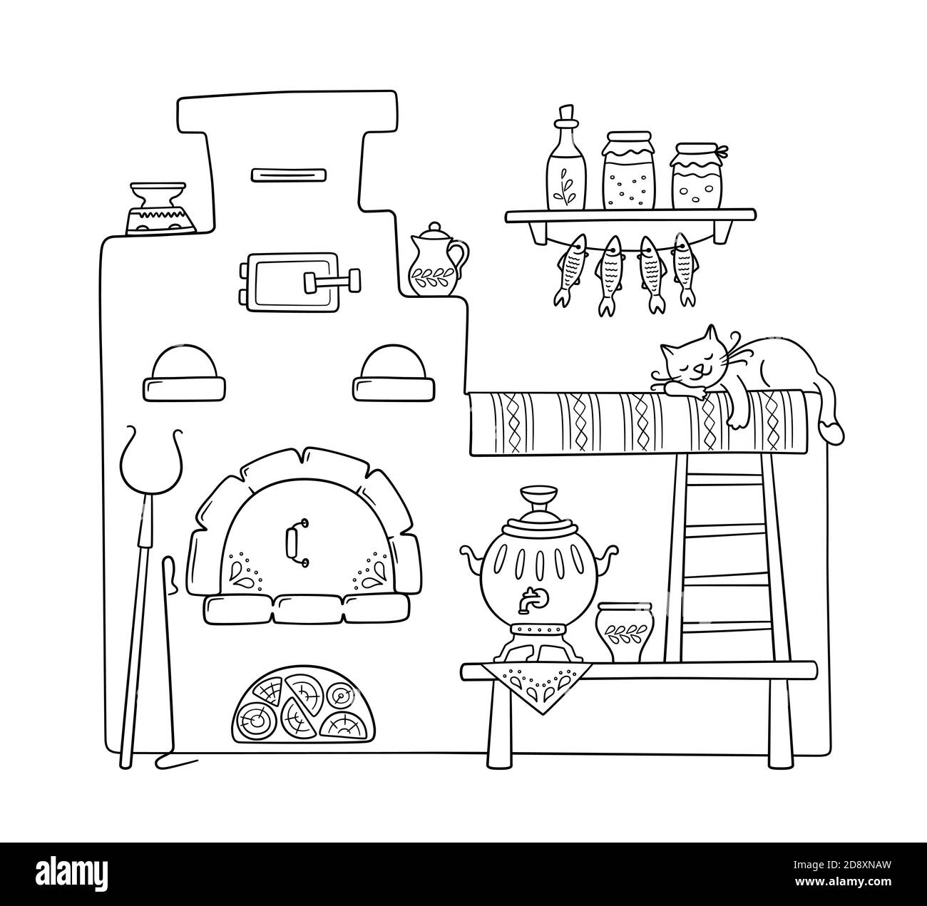 Traditional old Russian stove with bench, samovar, grip, pots, jug and sleep cat. Vector hand drawn illustration Stock Vector