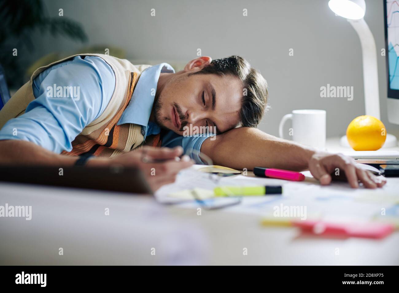 Exhausted entrepreneur fell asleep Stock Photo