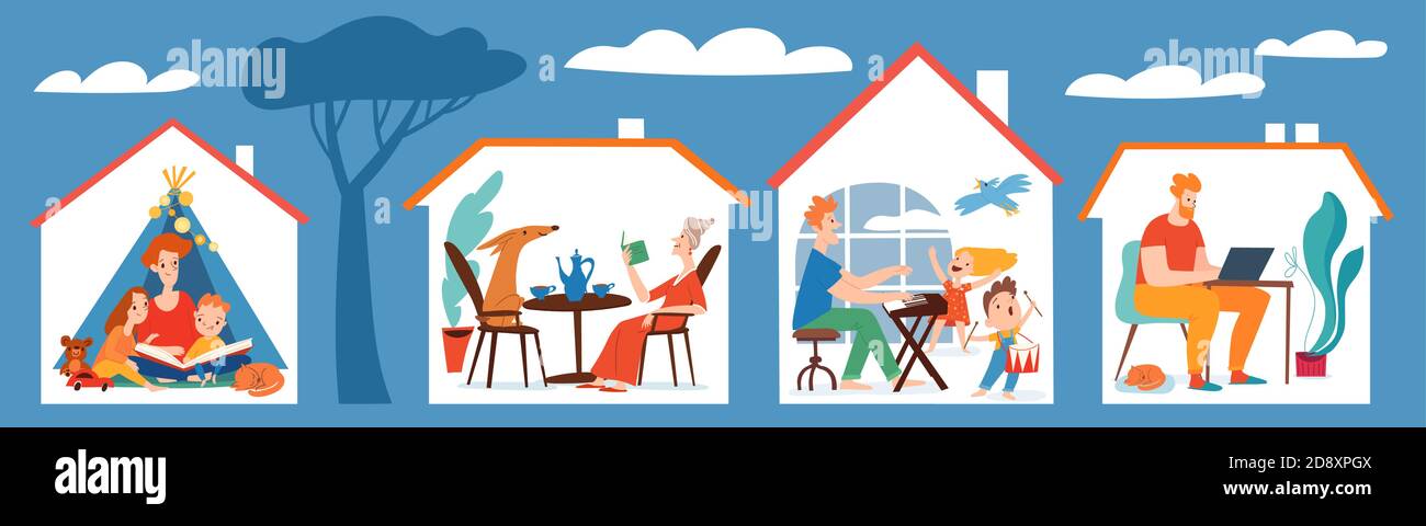 Flat style stay home vector quarantine family isolation illustration ...