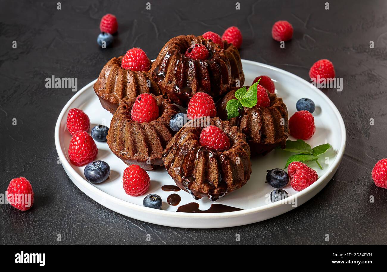 Mini chocolate cakes with chocolate and fresh berries Stock Photo