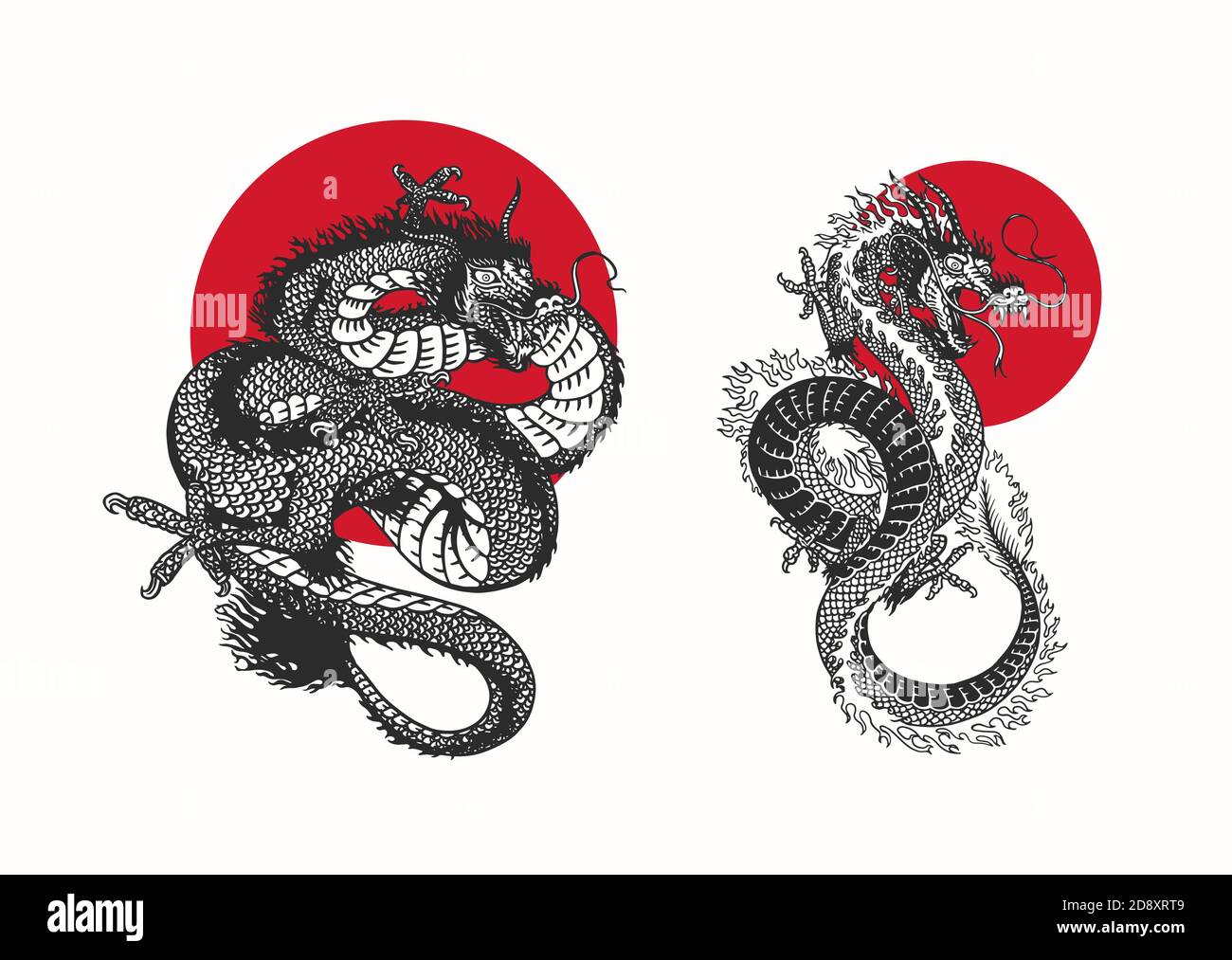 Japanese dragon and red sun.. Mythological animal or Asian traditional  reptile. Symbol for tattoo or label. Engraved hand drawn line art Vintage  old Stock Vector Image & Art - Alamy