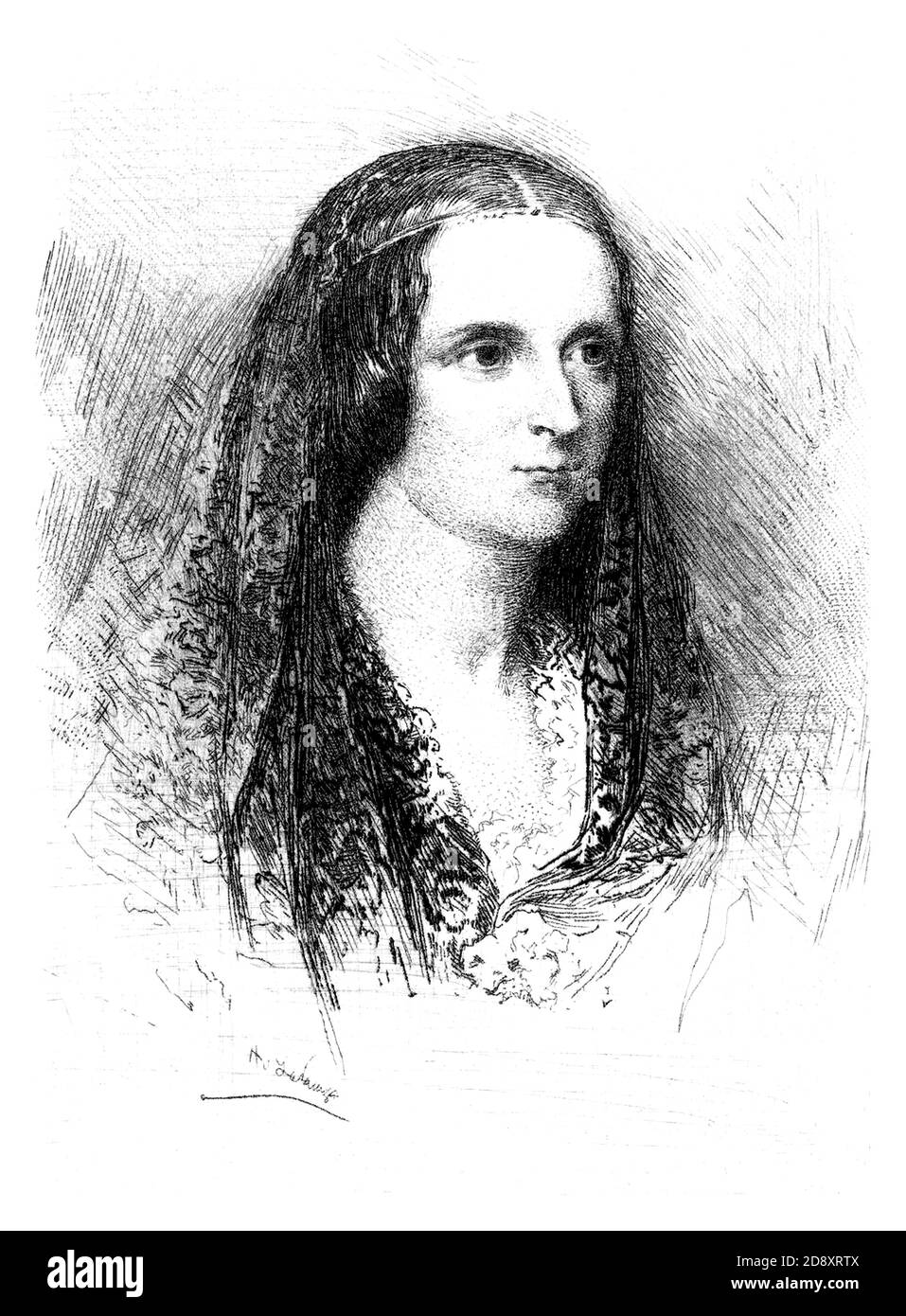 1840 ca , GREAT BRITAIN : The british writer MARY  SHELLEY Wollstonecraft ( 1797 – 1851  ), author of FRANKENSTEIN . Illustration engraved from unknown engraver, pubblished in late XIX century . Mary Shelley was the wife of celebrated Romantic poet Percy Bysshe SHELLEY ( 1792 - 1822 ) and friend of Lord GEORGE GORDON BYRON ( 1788 - 1824 ) .  - SCRITTORE - LETTERATURA - LITERATURE - letterato - SCRITTORE - SCRITTRICE - LETTERATURA - LITERATURE  - portrait - ritratto  -  TEATRO - THEATRE - engraved - incisione -  illustrazione - illustration  - ROMANTICISMO - Romanticism  - HORROR - GOTICO - GOT Stock Photo