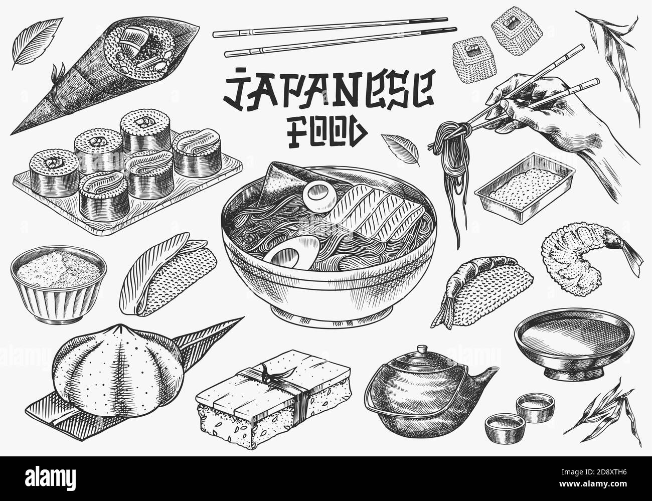 Japanese food set. Sushi bar, ramen noodles, soup in a bowl, roll and dessert, Asian tea. Soy sauce. Hand holds chopsticks. Drawn engraved sketch Stock Vector