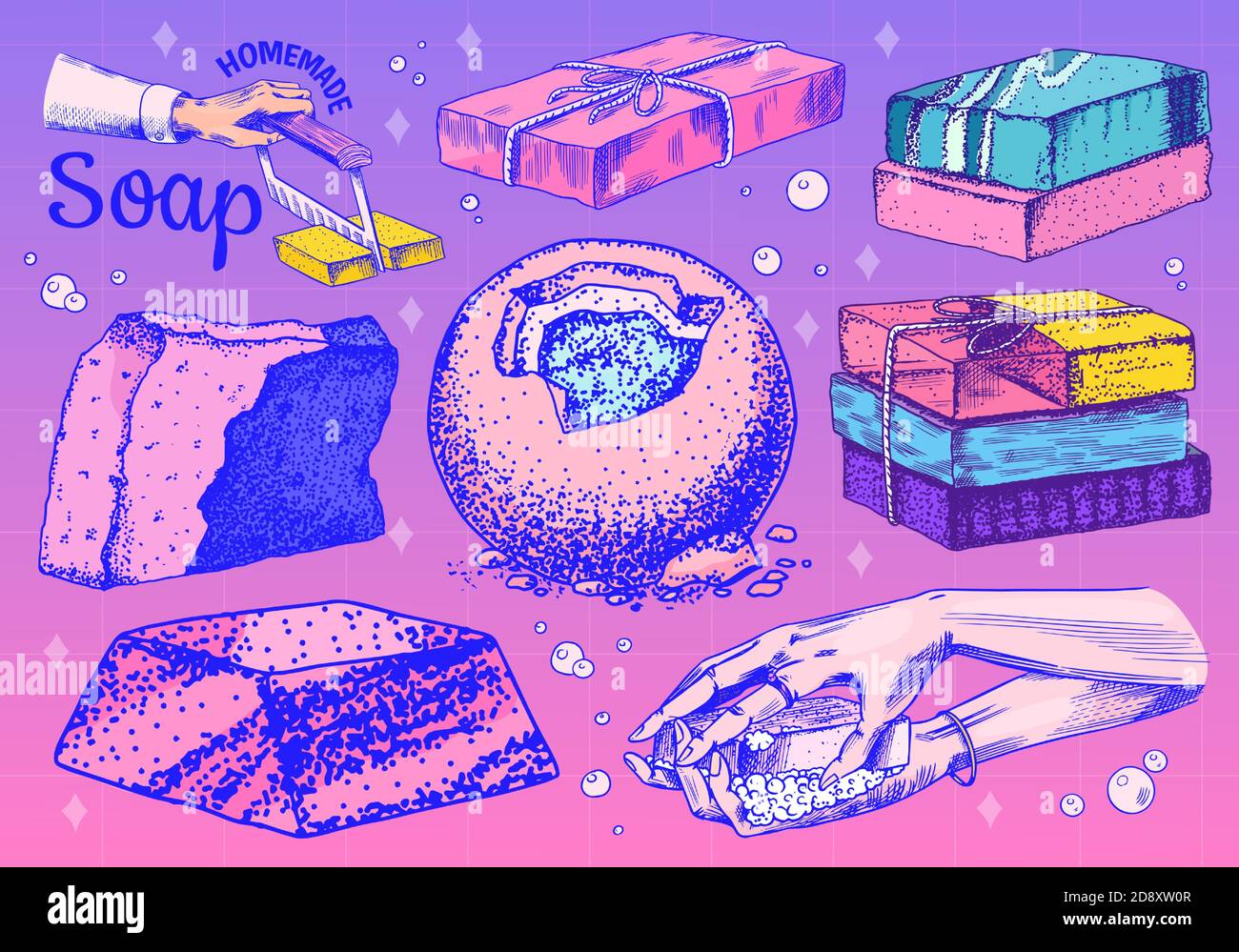 Bubble Bath soap set. Washing hands in vintage style. Homemade