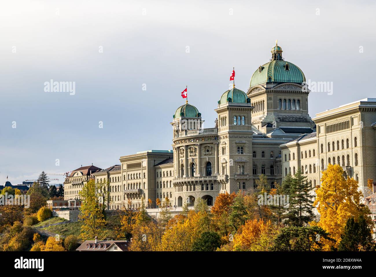 Bern Switzerland - 10.25.2020 View of The Swiss Parliament (Bundeshaus) from  Kirchenfeldbruecke Bridge Stock Photo