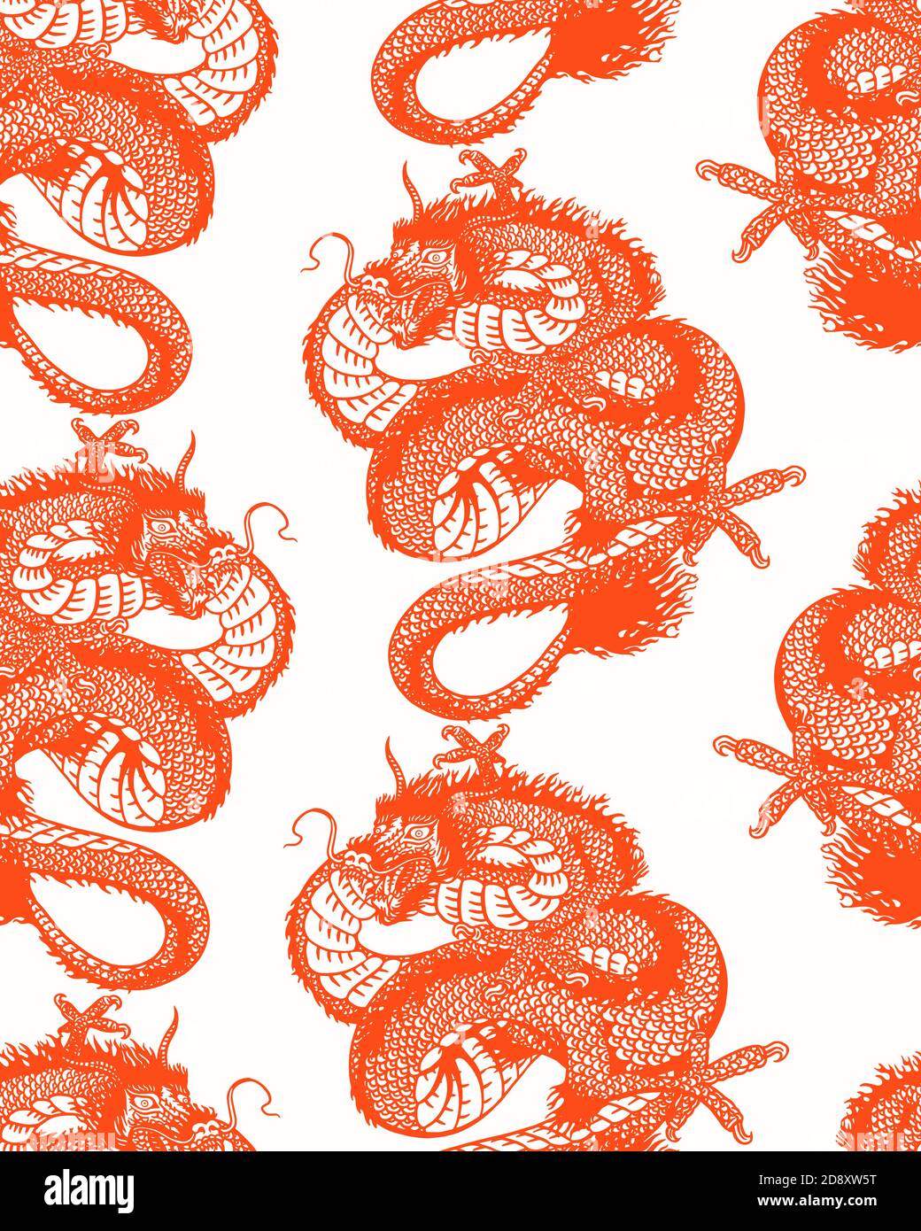 Japanese dragon. Seamless pattern. Mythological animal or Asian reptile Poster or banner. Symbol for tattoo or label. Engraved hand drawn Vintage old Stock Vector