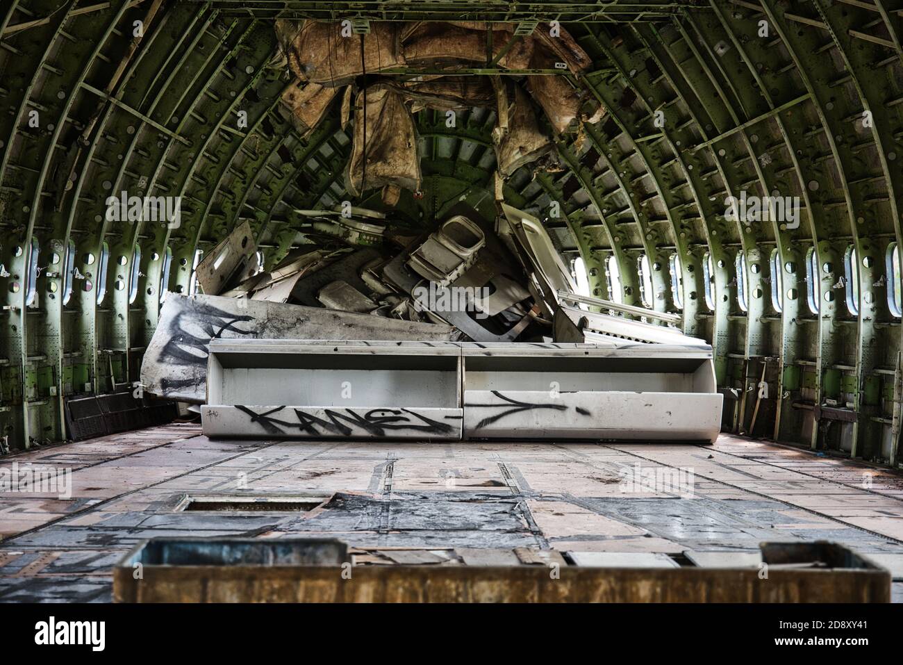 This unique photo shows the inside of a Boeing 747 also called Jumbo in an aircraft graveyard in Bangkok.- Thailand the aircraft is already rotten Stock Photo