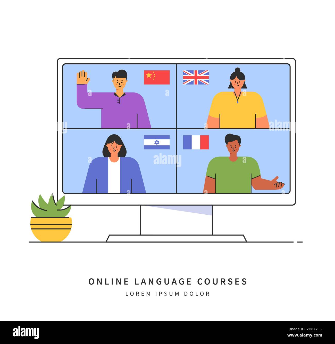 E-learning of the foreign languages. Distance online education concept. Teachers from different countries give lessons on the website. Vector. Stock Vector