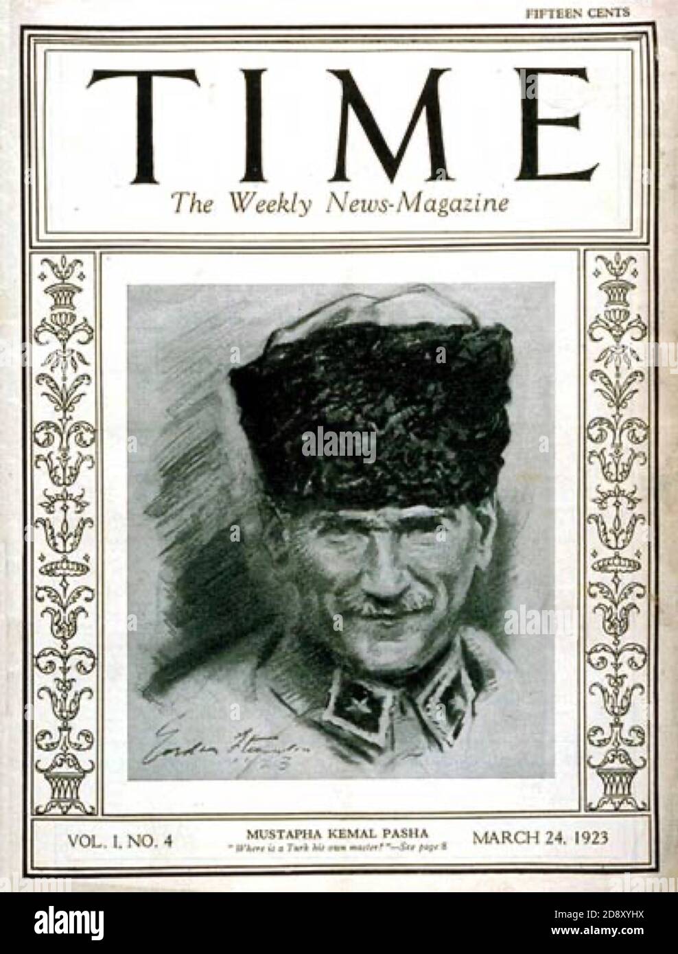 Portrait of Mustafa Kemal Ataturk as appearing on the front cover of Time magazine's fourth ever issue March 1923 - Cover Design - Gordon Stevenson. Stock Photo