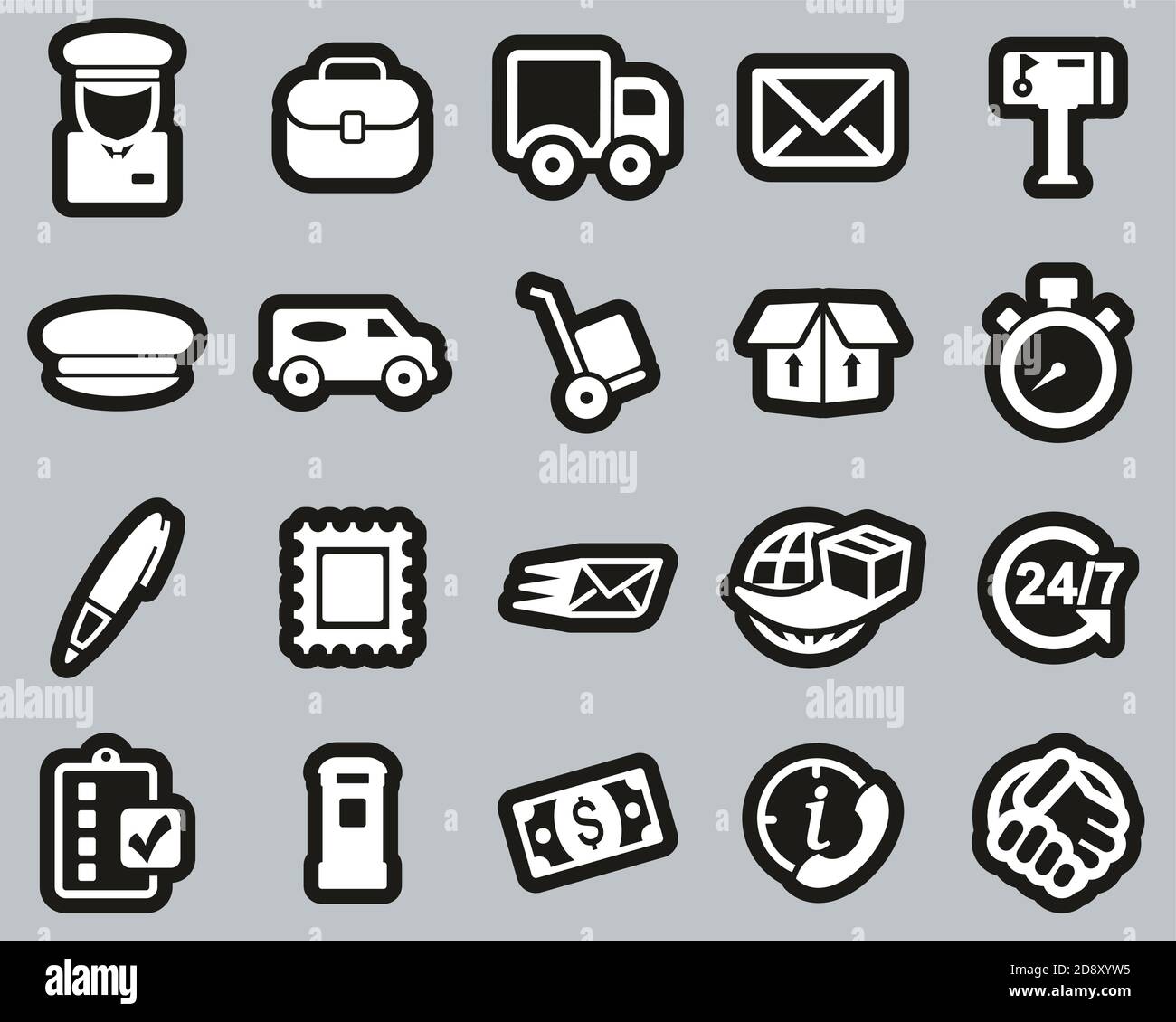Mail Man Or Post Office Worker Icons White On Black Sticker Set Big ...