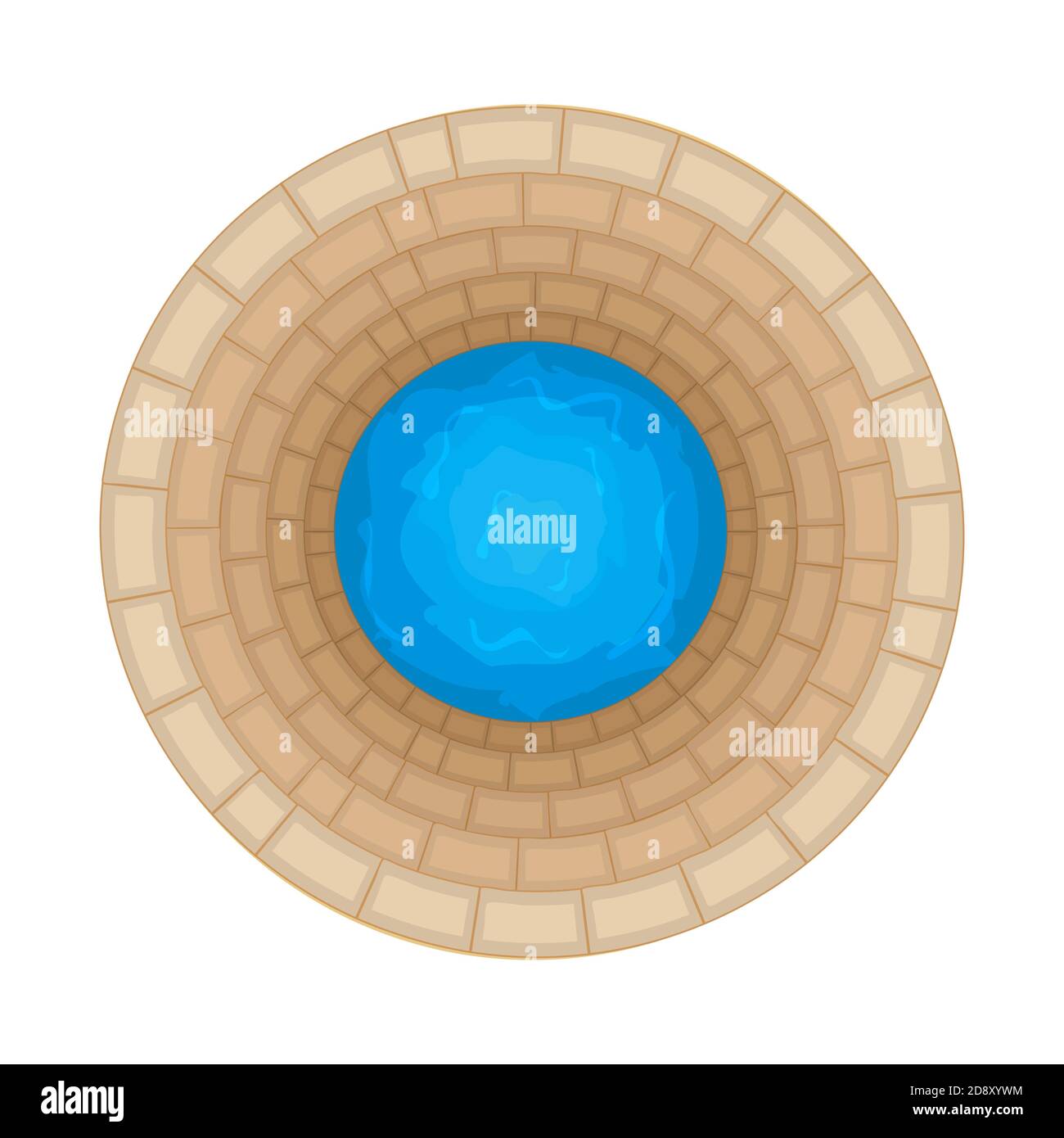 Water well of brick isolated on white background. Top down view on well full of water over. Artesian reservoir well of drinking water. Stock vector Stock Vector