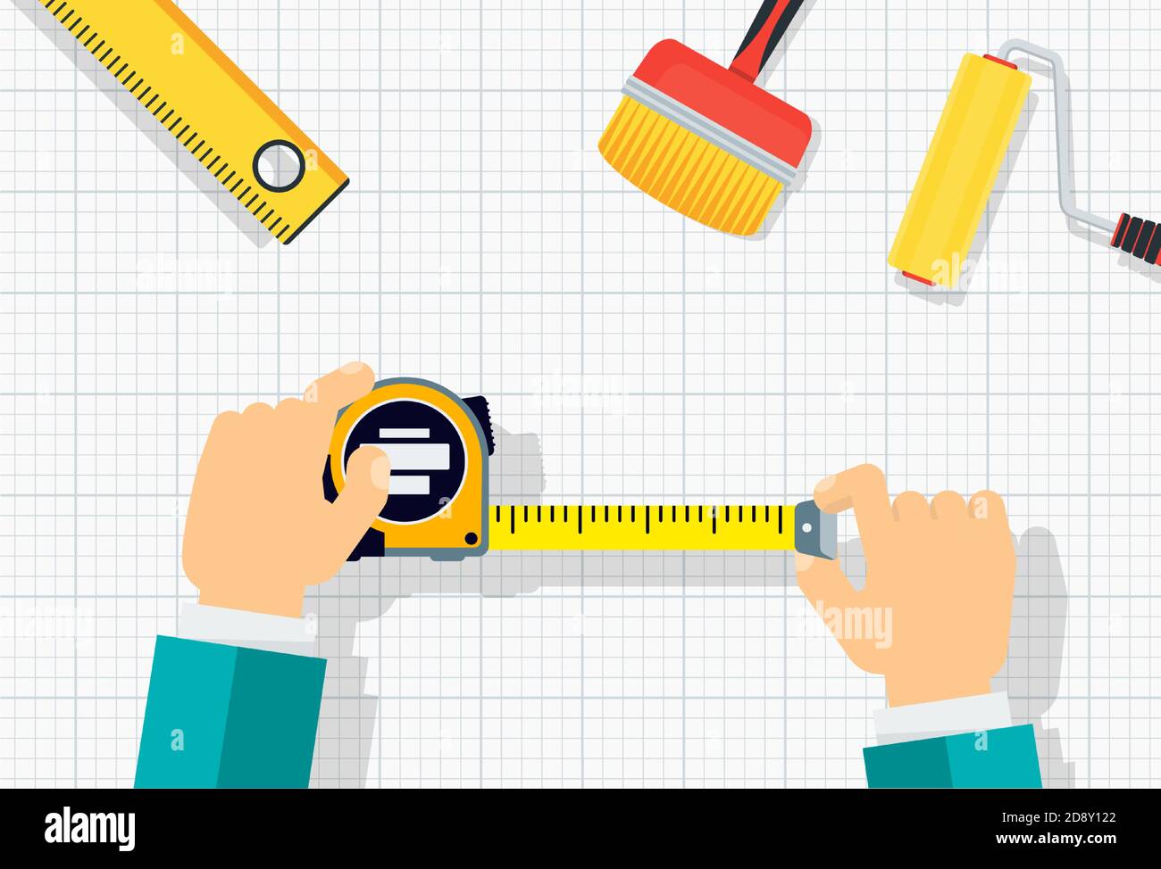 Measuring tape in the hands of a man. Template for a poster. Stock Vector