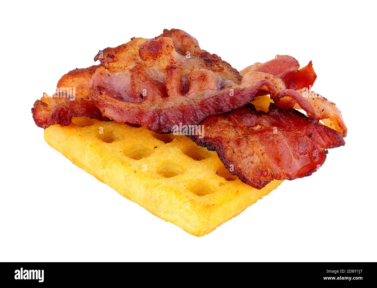 Streaky smoked bacon rashers on a grilled potato waffle isolated on a white background Stock Photo