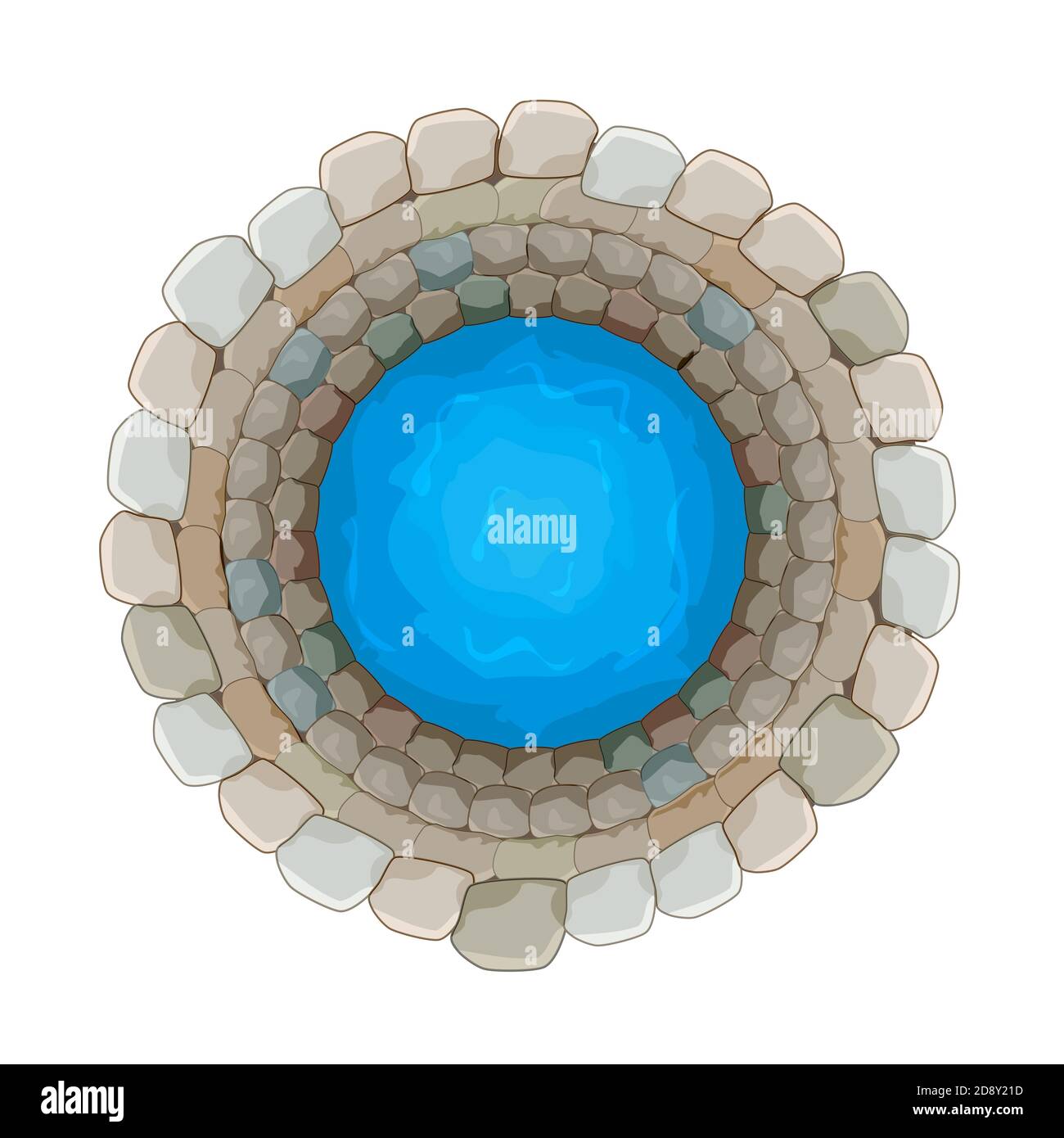 Water well of brick isolated on white background. Top down view on well full of water over. Artesian reservoir well of drinking water. Stock vector Stock Vector