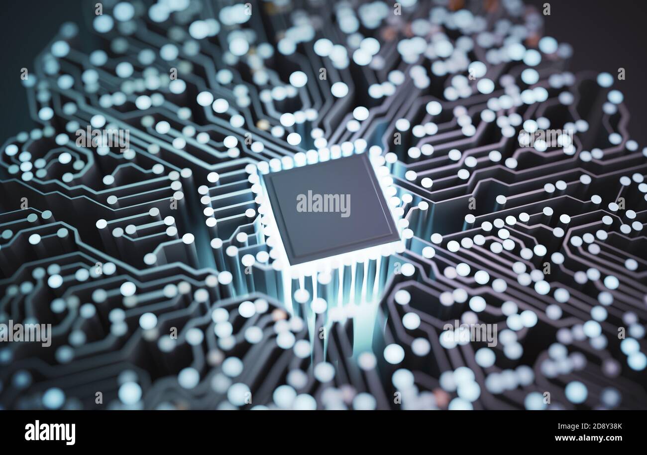 Artificial intelligence and quantum compiting concept. Circuit with glowing microchip. 3D rendered illustration. Stock Photo