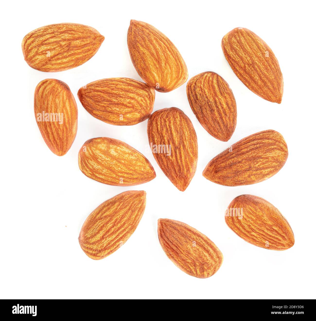 Almond nuts Isolated on white background. Pile of Almonds  Top view. Food Creative layout Stock Photo