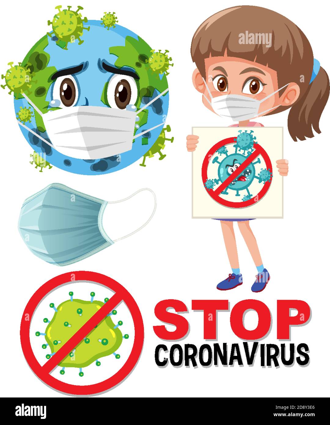 Stop coronavirus logo with earth wearing mask cartoon character and ...