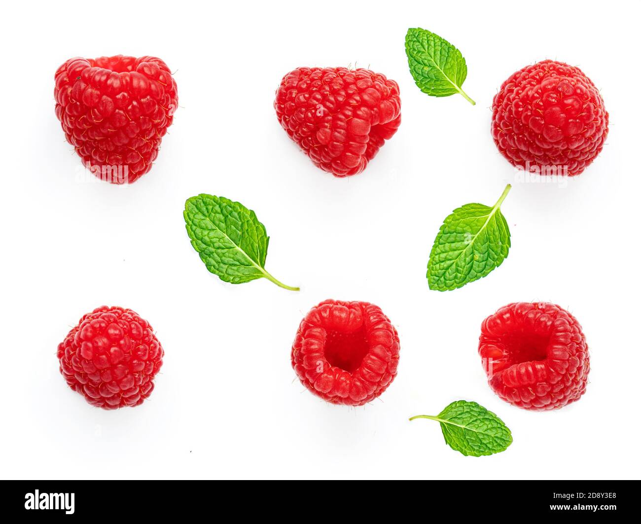 Raspberry and mint leves isolated on white background. Fresh Raspberries,  flat lay. Top view Stock Photo