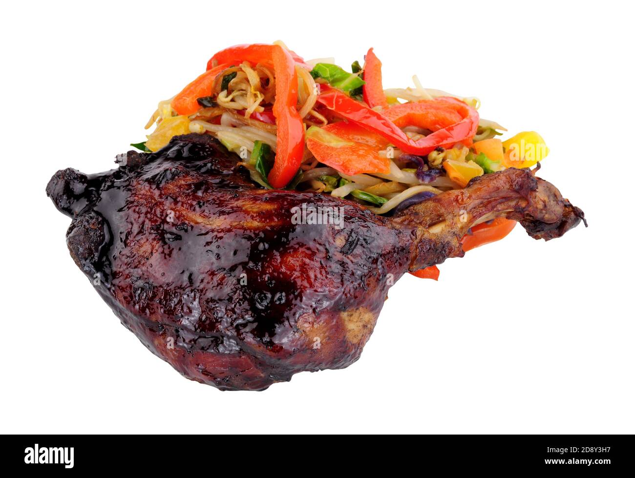 Slow cooked duck leg coated in hoisin sauce with stir fried vegetables