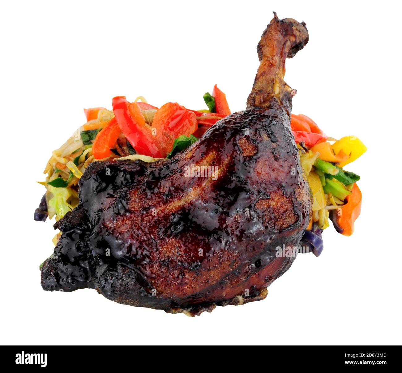 Slow cooked duck leg coated in hoisin sauce with stir fried vegetables