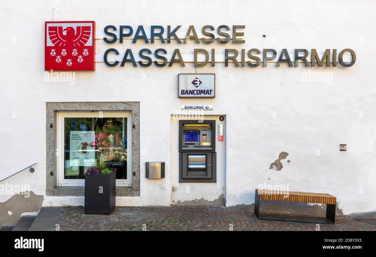 A savings bank in Chiusa, in the Alto Adige region of Italy, has its name in German and Italian. Stock Photo