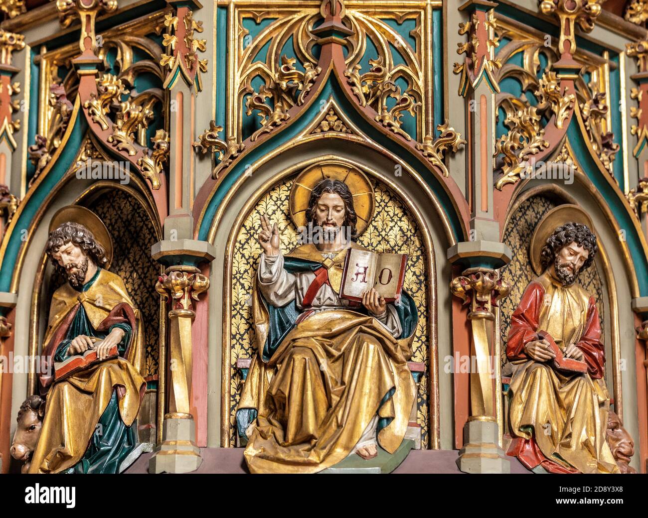 Detail of church artwork in Chiusa. a village in the Alto Adige region of northern Italy. The village is also known by its German name, Klausen. Stock Photo