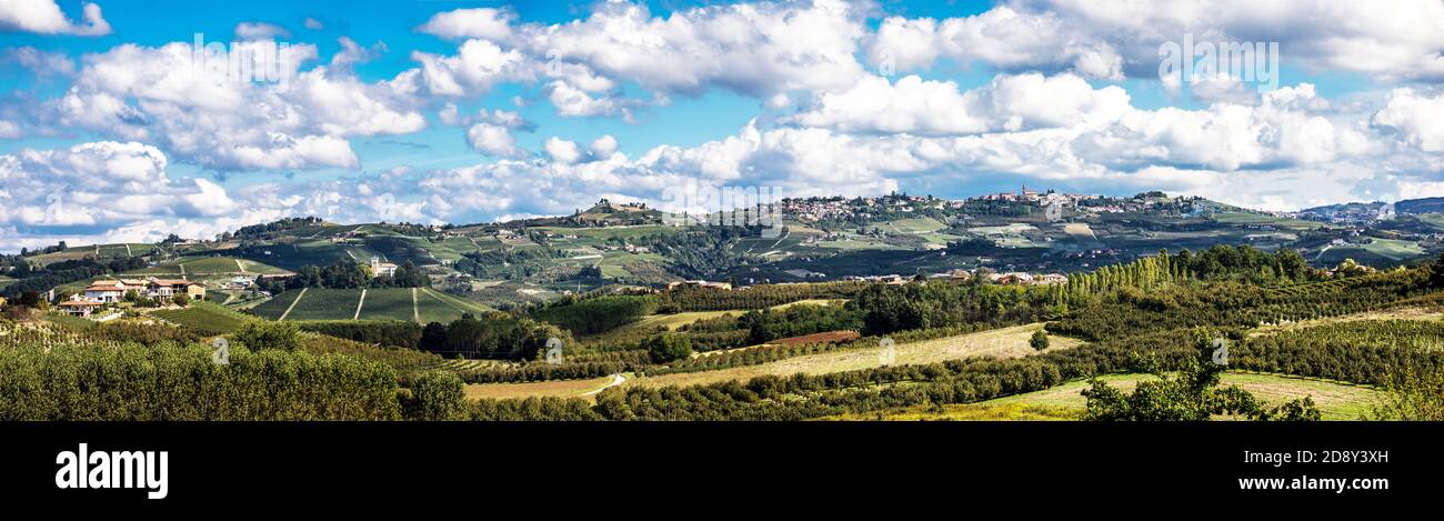 Italian countryside near Roddi in the Piedmont region of northern Italy. It is a wine-growing region. Stock Photo
