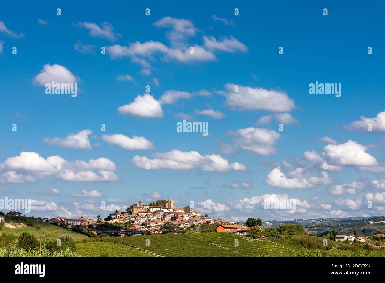 The hilltop village of  Roddi  in the Piedmont region of northern Italy. Riddu is in the Barolo wine-growing region.. Stock Photo