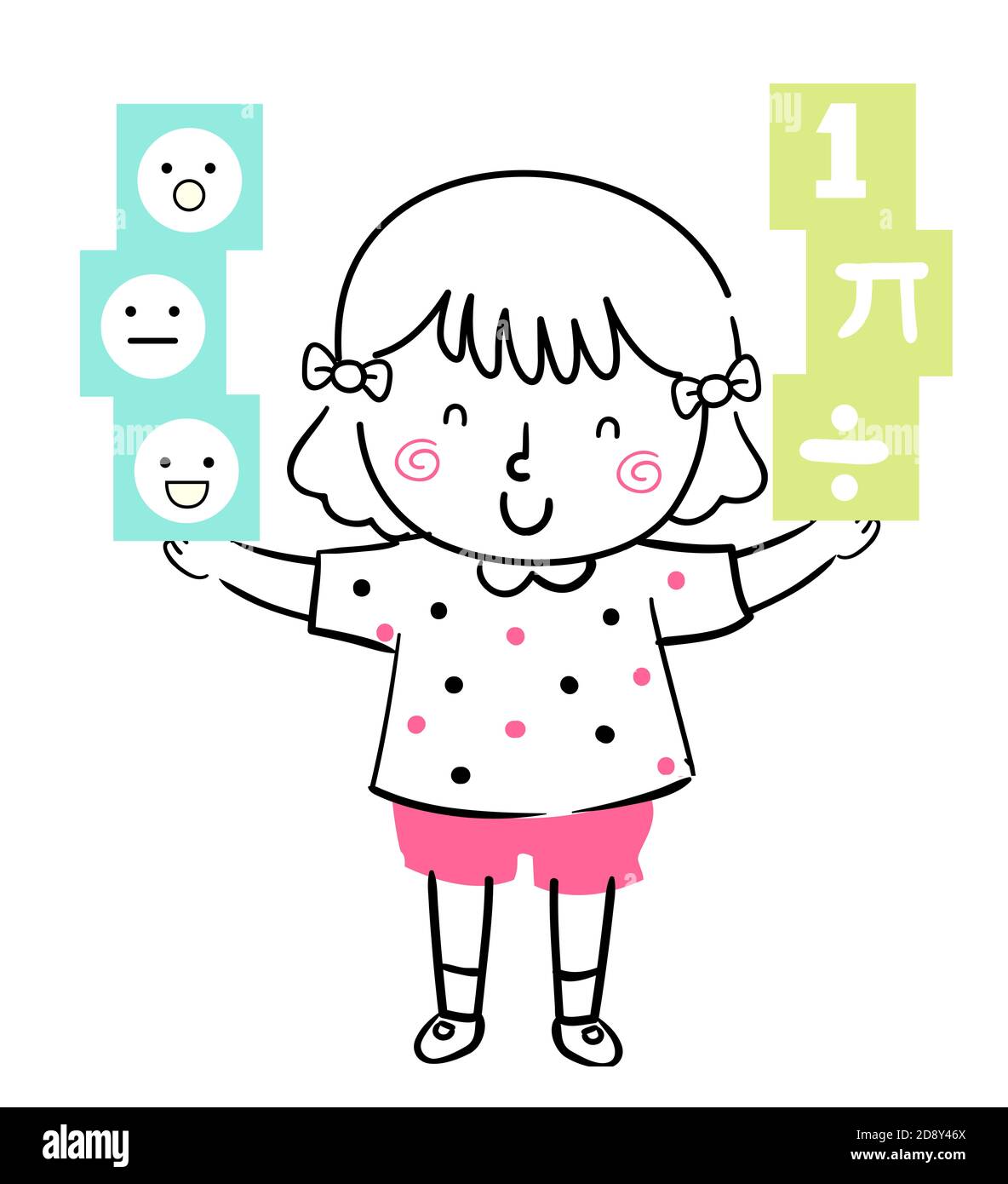 Illustration of a Kid Girl Holding and Balancing EQ and IQ Elements on Her Hands Stock Photo