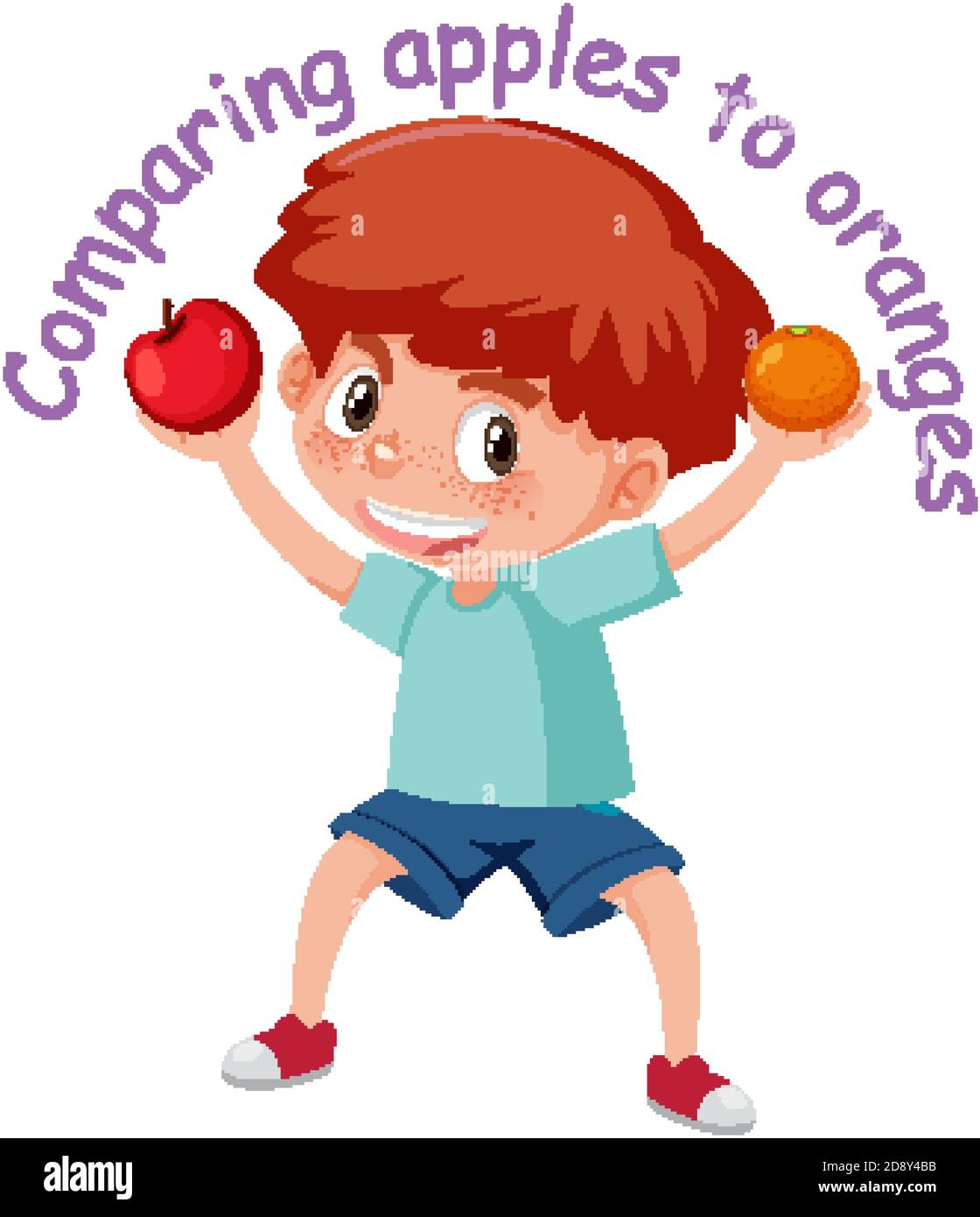 English idiom with picture description for comparing apples to oranges on white background