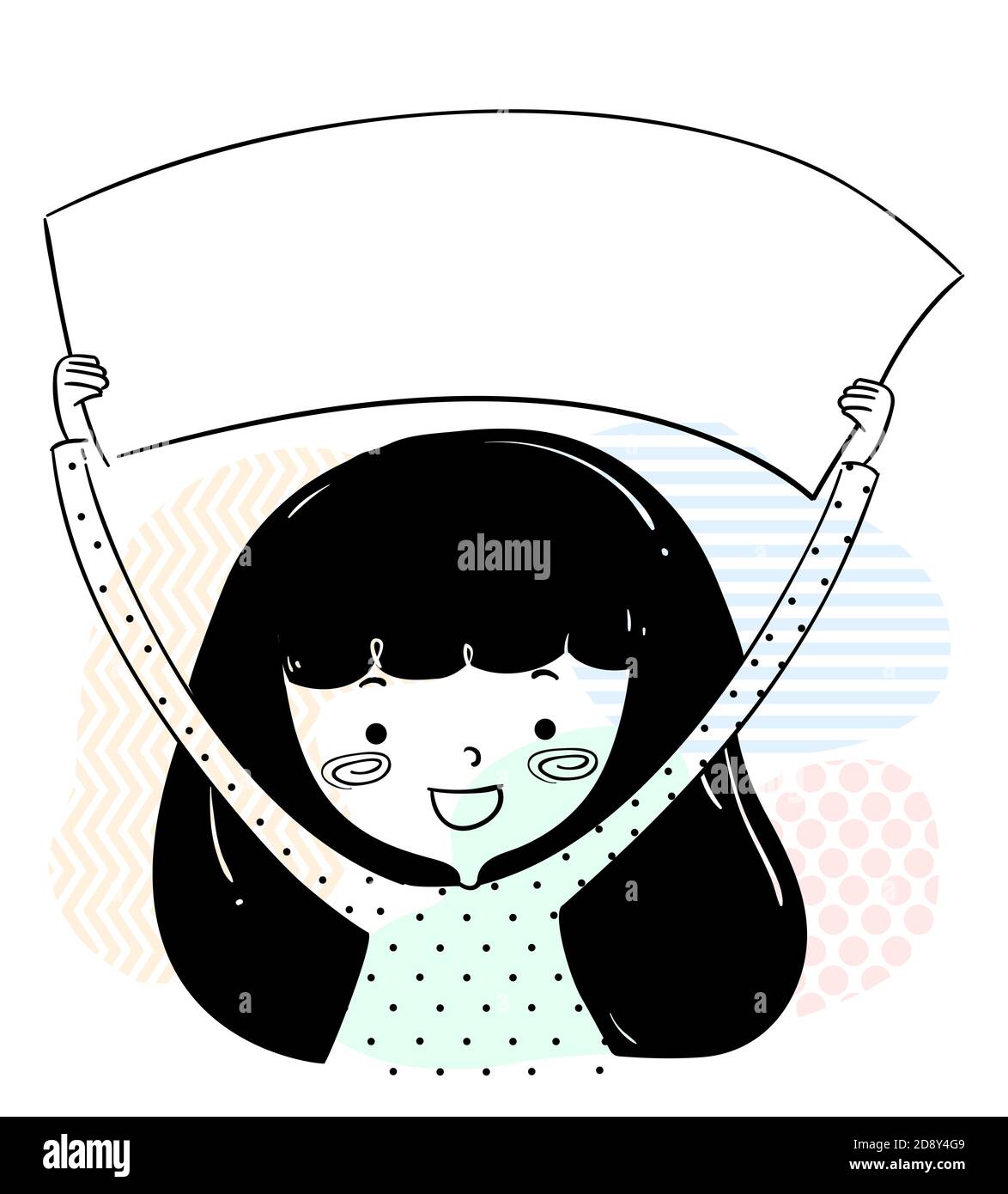 Illustration of a Girl Doodle Holding a Blank Banner Stock Photo