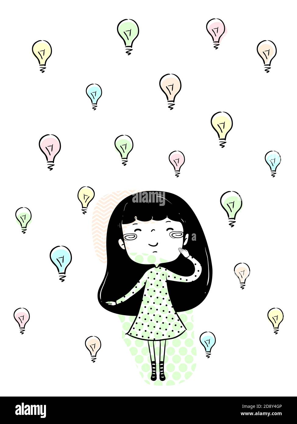 Illustration of a Kid Girl Looking Up and Seeing Light Bulbs Stock Photo