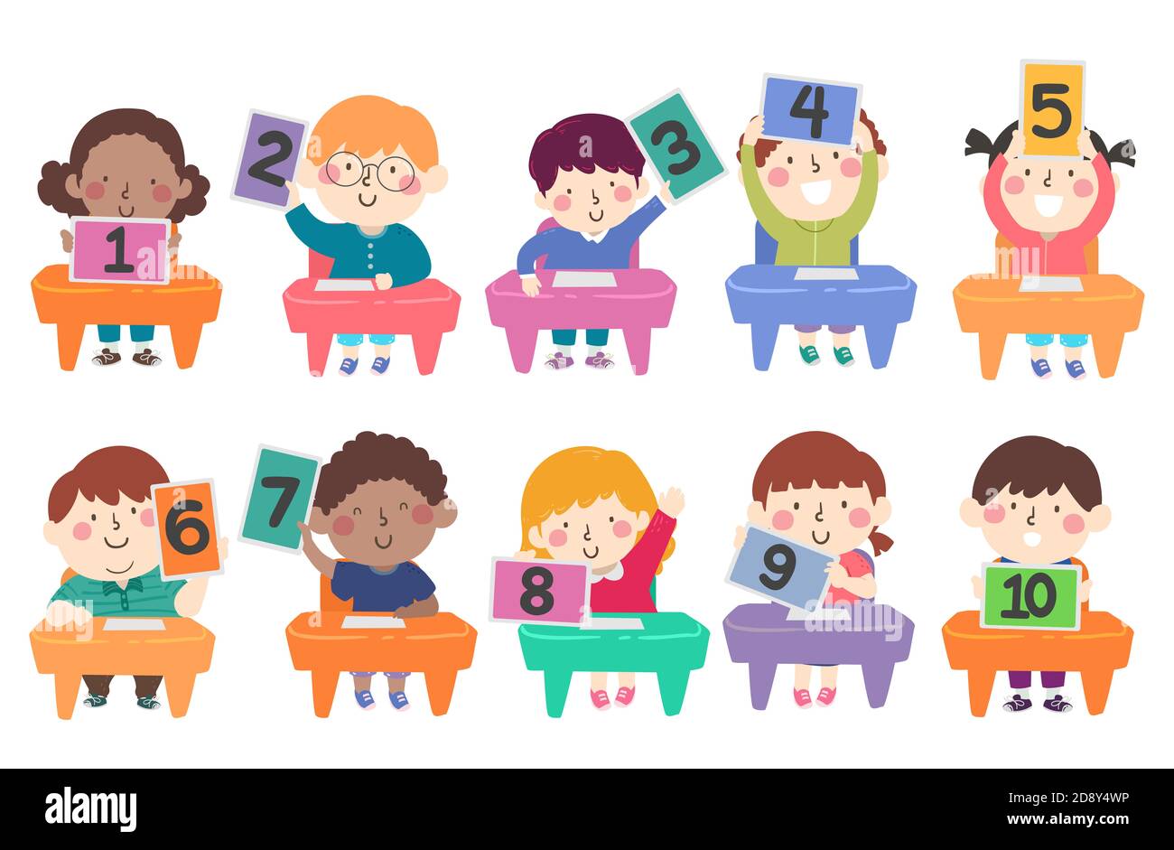 Illustration of Kids Students Sitting Down and Flashing Numbers from One to Ten on their Computer Tablet Stock Photo