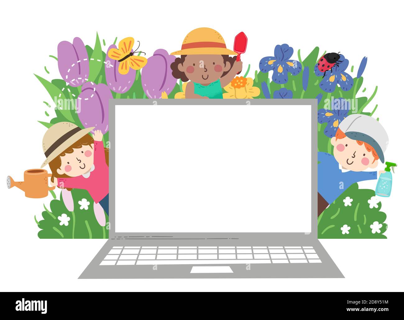 Illustration of Kids Gardeners with Flowers and Insects and Blank Laptop Stock Photo