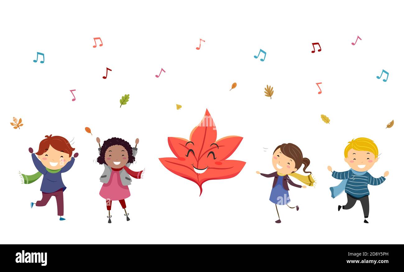 Illustration of Stickman Kids Dancing with Maple Leaf Mascot Autumn Season Stock Photo