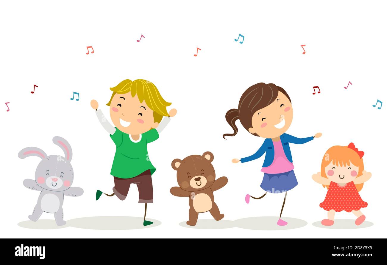 Illustration of Stickman Kids Dancing with their Stuffed Toys Rabbit, Bear and Doll Stock Photo