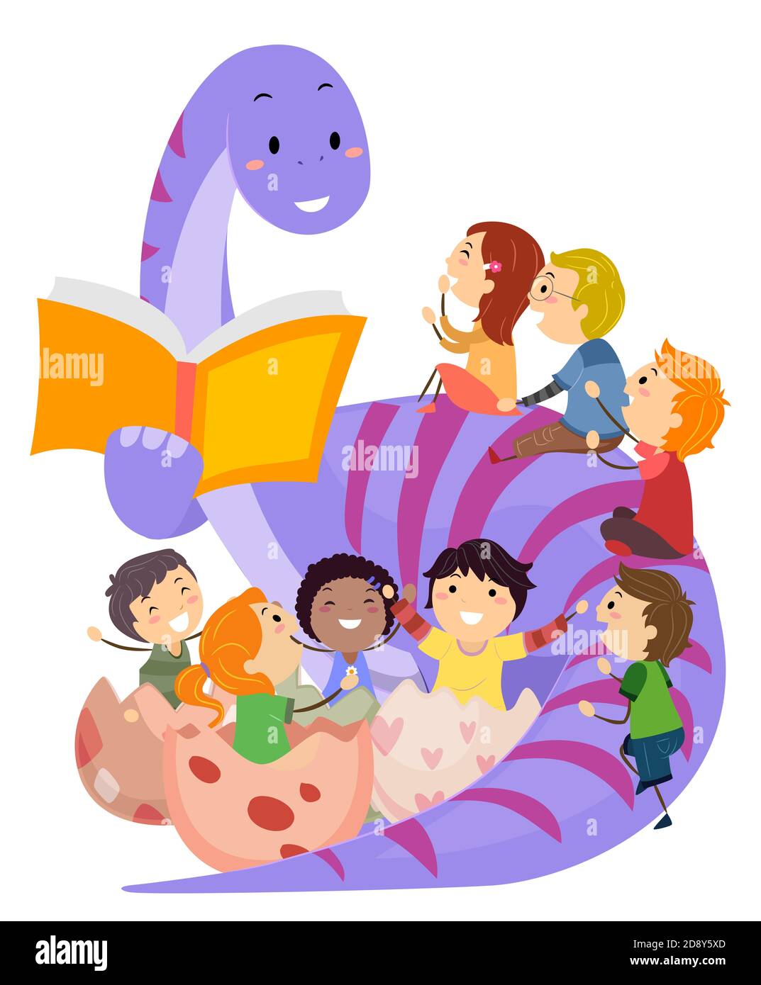 Illustration of a Dinosaur Mascot Reading a Book and Telling Story to Stickman Kids Stock Photo