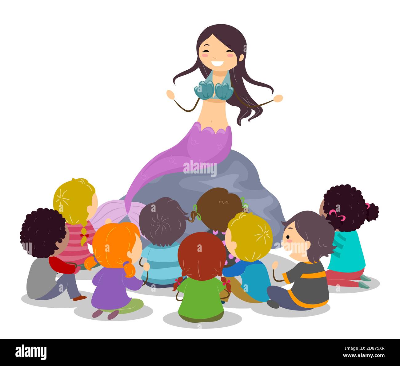Illustration of Stickman Kids Listening to a Girl Mermaid Telling Story Stock Photo