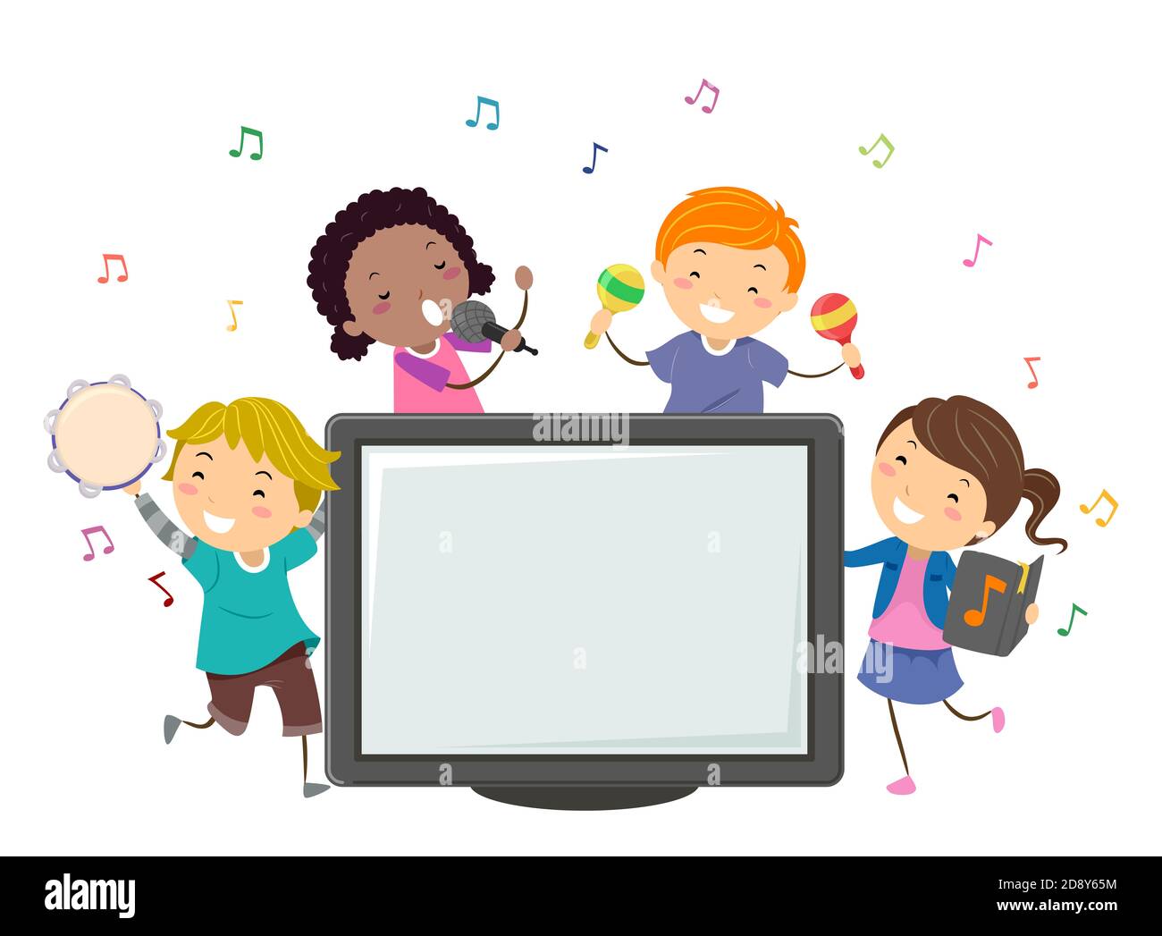 Illustration of Stickman Kids in Dancing and Singing with a Blank Karaoke Monitor Screen Stock Photo