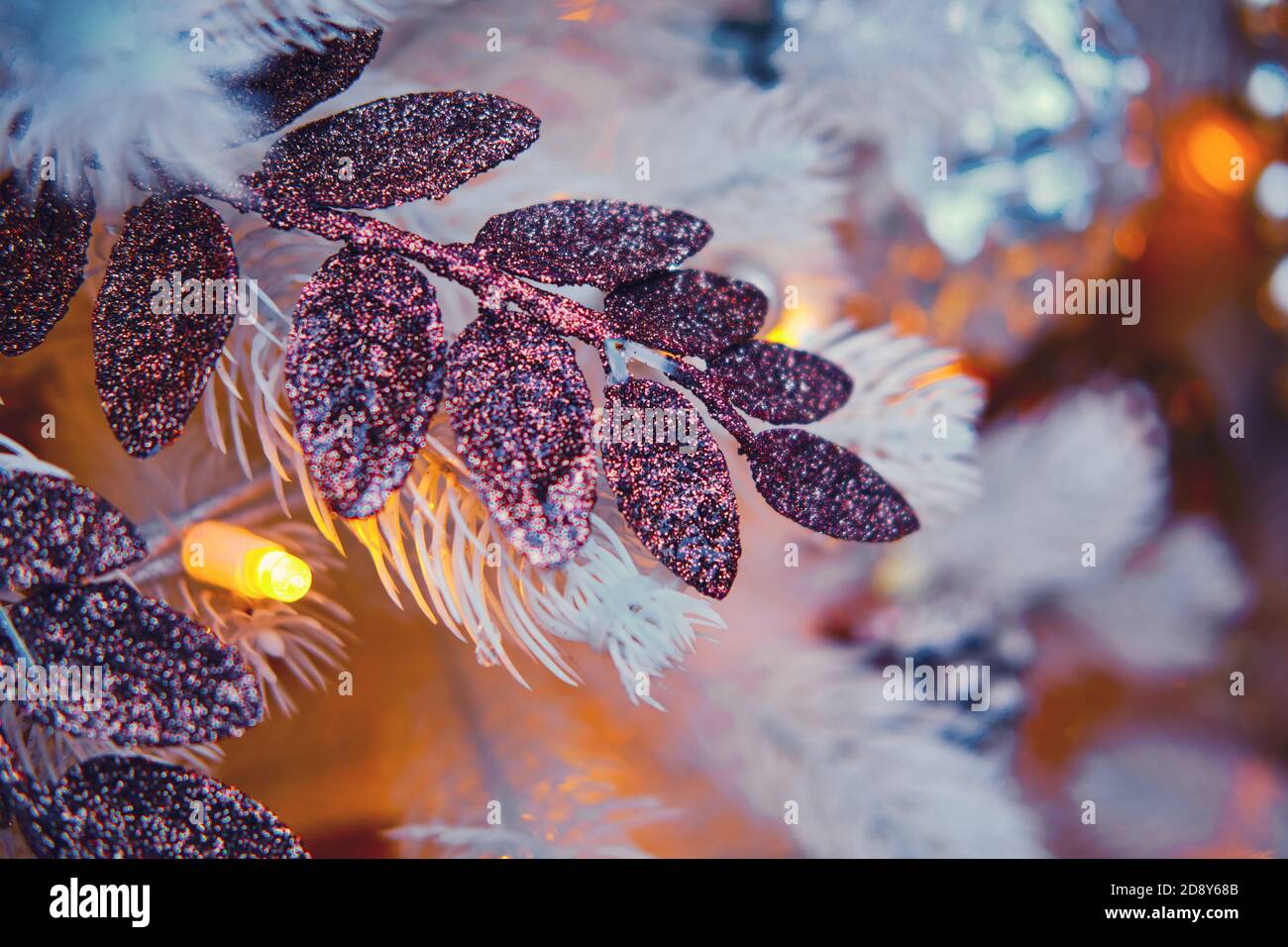 Christmas decoration of a white branch tree with leaf. Background of ...
