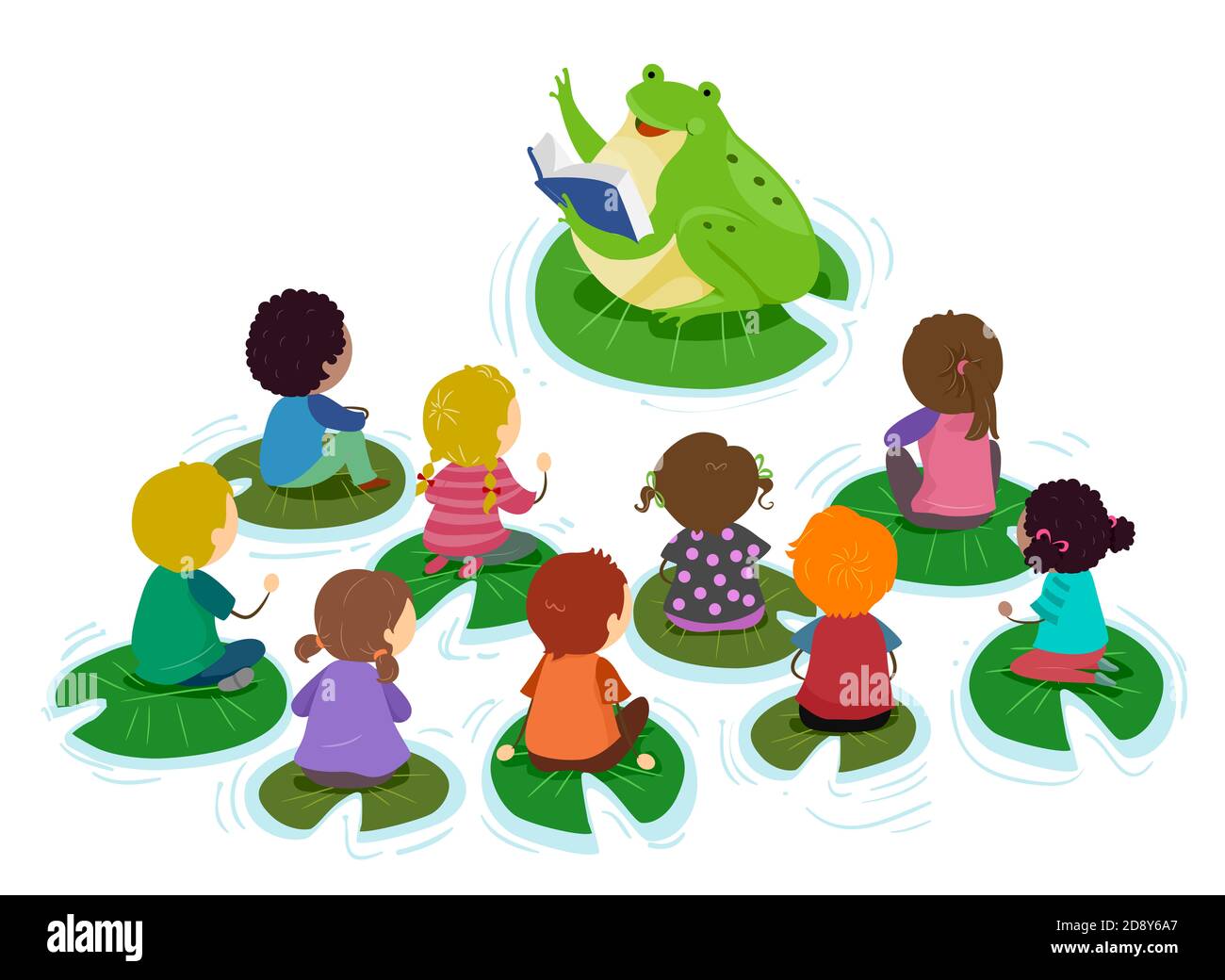 Illustration of Stickman Kids Listening to a Frog Teacher Mascot and