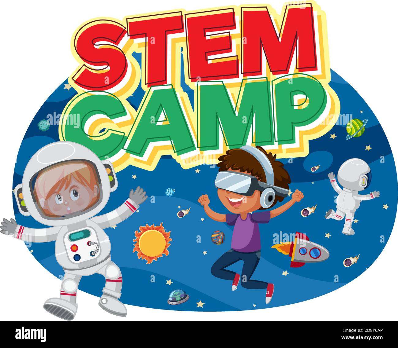 Stem Camp Logo With Kids Wearing Astronaut In Space Costume Isolated Illustration Stock Vector Image Art Alamy